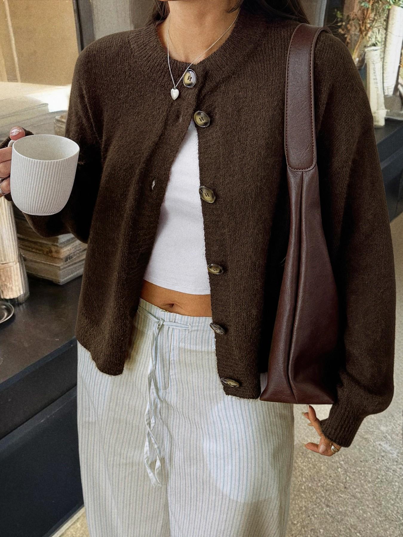Autumn Winter New Retro Round Neck Solid Color Short Knitted Cardigan, Loose Long Sleeve Button Front Sweater Coat, Casual Daily Wear Women's Top