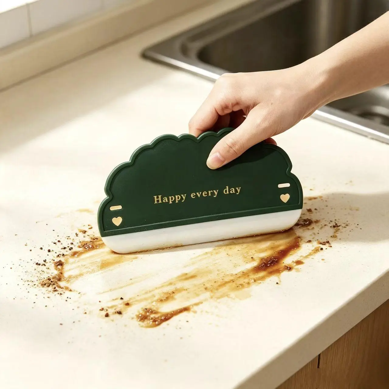 Ins-style Cloud-Shaped Multi-functional Squeegee with "Happy Every Day" Print, Bathroom Glass Mirror Water Remover, Kitchen Countertop Water Stain and Residue Cleaning Scraper, Household Silicone Cleaning Tool