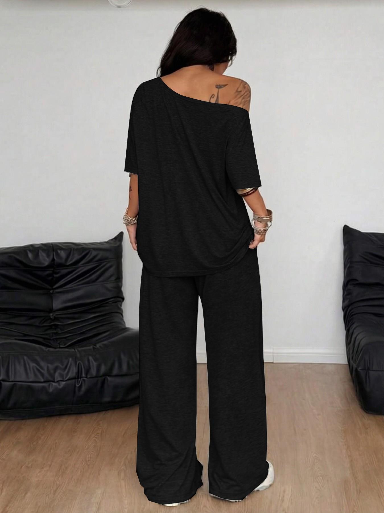 2026 French Minimal Off-The-Shoulder Loungewear Top, Summer Loose Short Sleeve, Drawstring Adjustable High Waist Wide Leg Pants, Figure-Flattering Casual, Casual Loungewear Sets
