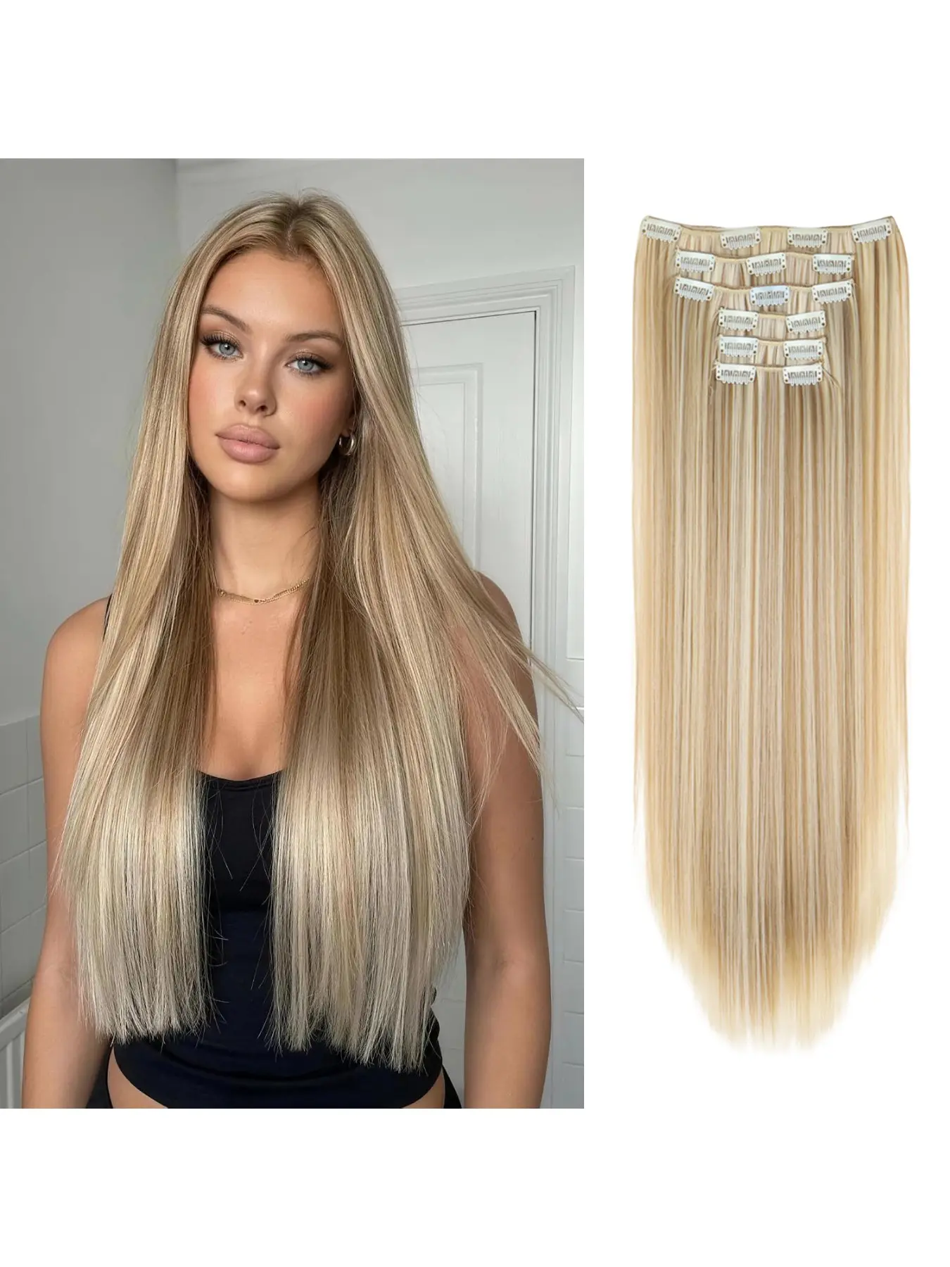 16‑Clip In Hair Extensions 6 Pieces Set Straight Synthetic Hair Pieces Natural Matte Finish No Damage Easy To Clip On Off Realistic Hair Pieces For Women Boost Hair Volume For Daily Dating Occasions