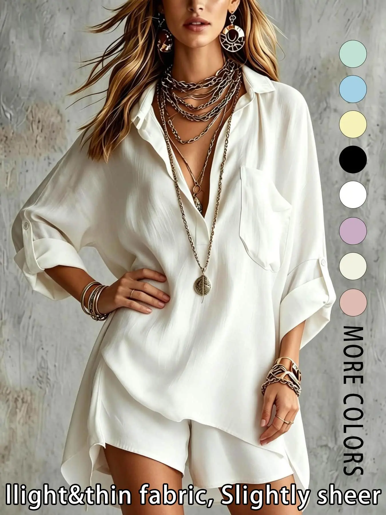 Two piece set clothes with a relaxed, lazy and casual vacation style, featuring a stylish design with a collared shirt and shorts. Suitable for summer vacations by the sea, bars, small gatherings, cafes, and art markets, Shorts and Tops Casual Beach Set