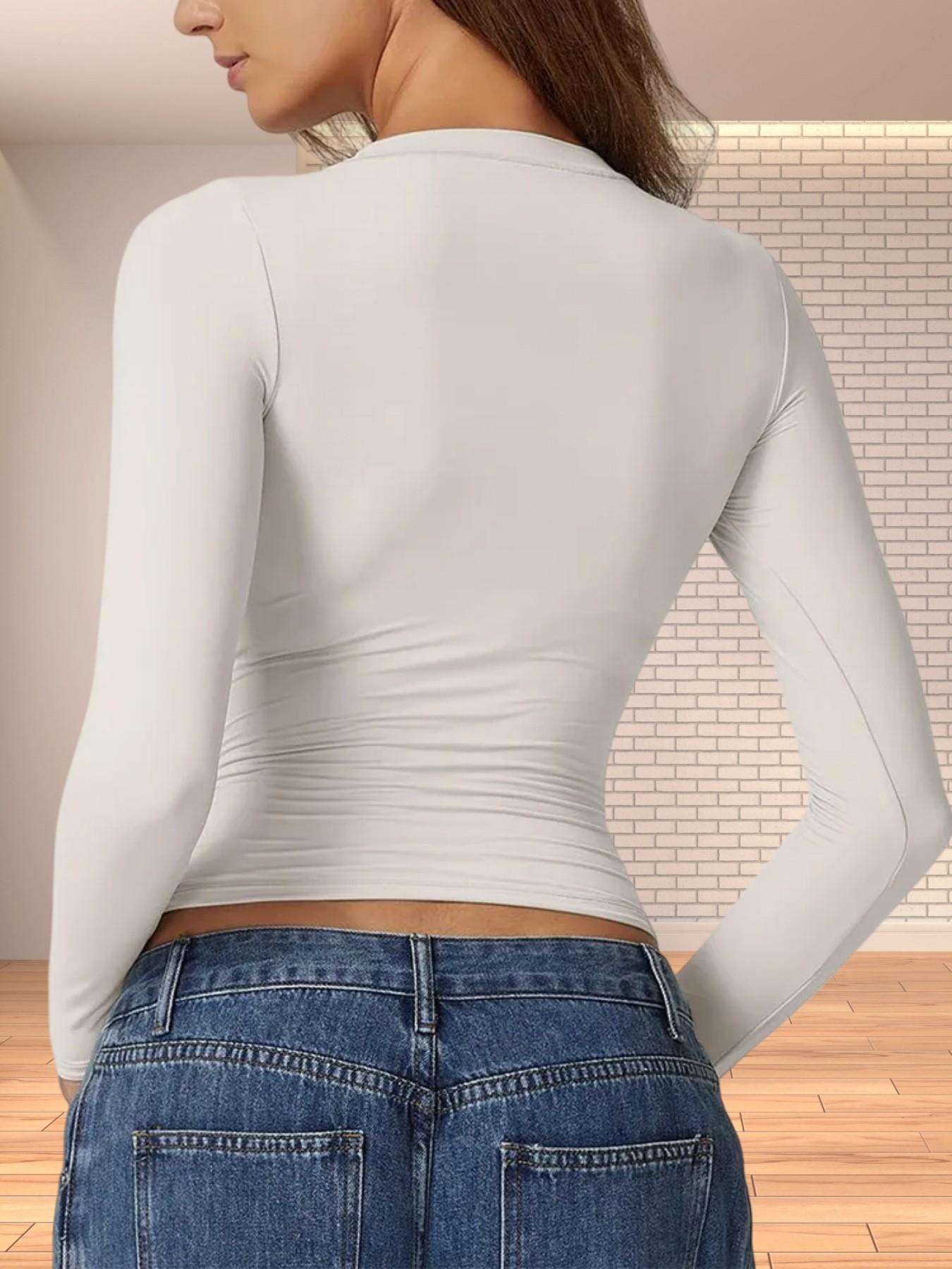 3 Counts Elegant & Versatile Women Plain Crew Neck Long Sleeve Ruched Fitted Slim Fit Loungewear Shirt,Warm Trendy Basic Tops,Breathable Soft Underwear,Cute Womenswear,High Elasticity Shapewear Tee,Suitable For All Seasons