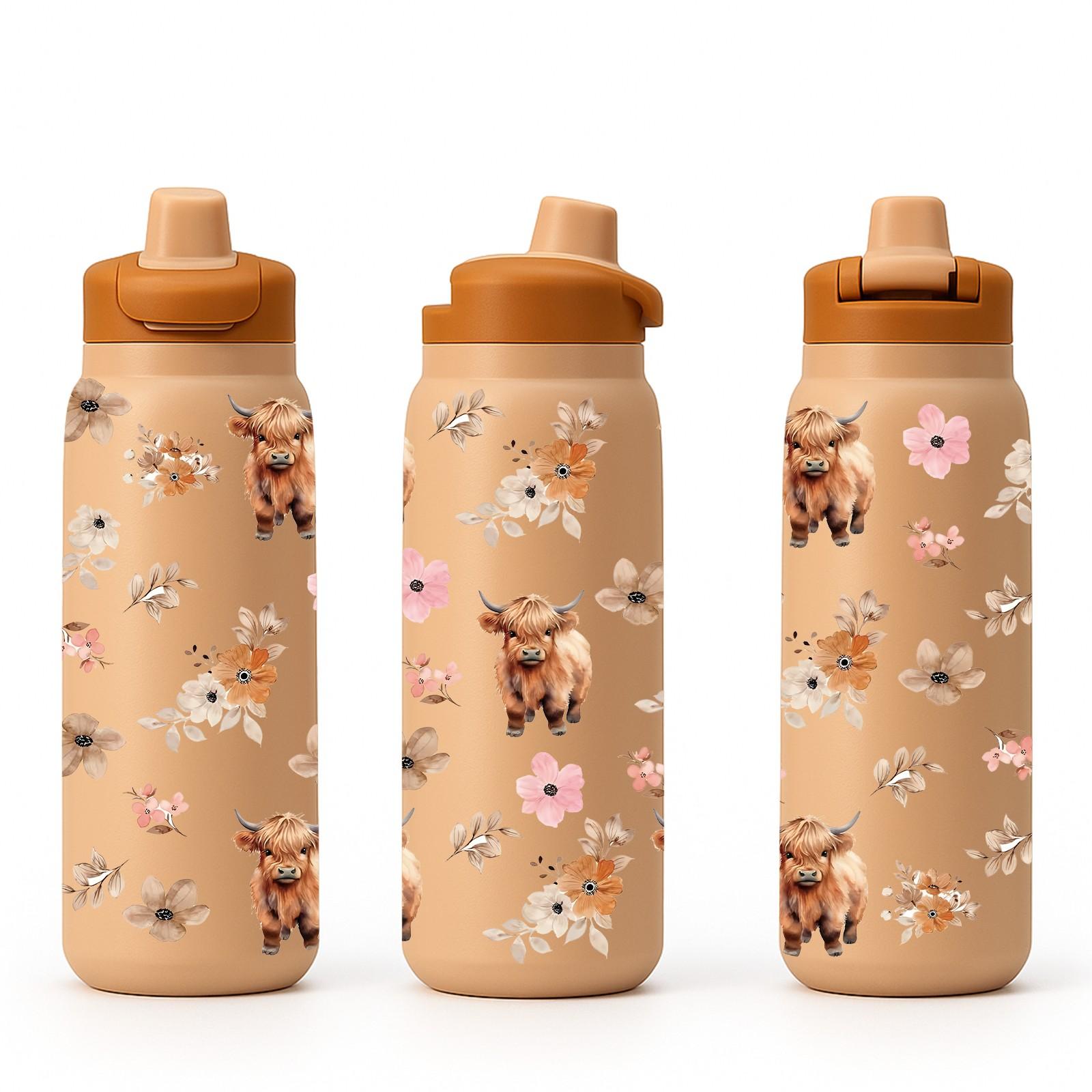 40oz Straw Handle Car Tumbler with Highland Cow Floral Print, Large Capacity Insulated Cup for Car Holder, Easy Sip Straw Lid, Comfortable Handle for Carrying, Keeps Drinks Hot or Cold for Hours, Aesthetic Country Style Design, Perfect for Daily Use, Comm