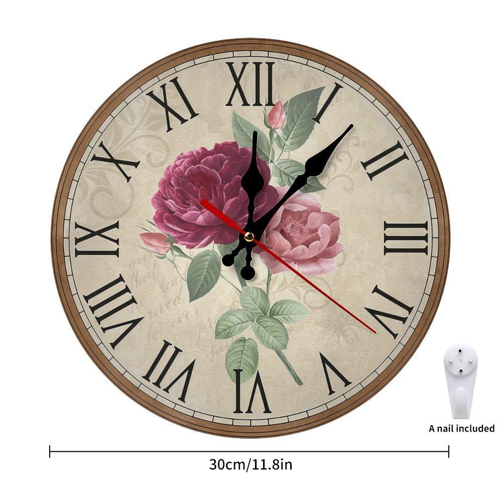 10-12in Blush Pink Rustic Circular Shape Wood Vintage Roman Numeral Quartz Wall Clock, Easy Install, Hangable Flower-Romance French Country Shabby Chic Farmhouse Bedroom Decor, Birthday Gift (Assembly Required)