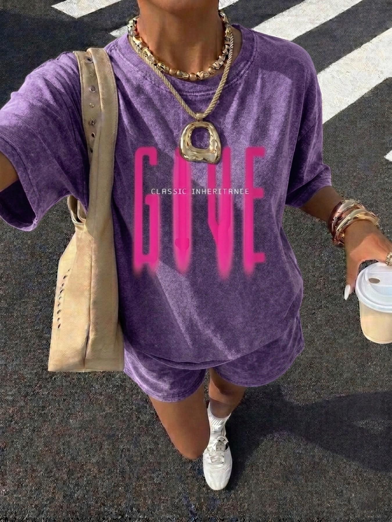 Summer Women's Cotton Letter Print T-Shirt & Shorts Set, Vintage Washed Logo Print, Casual Everyday Streetwear, Comfortable and Versatile