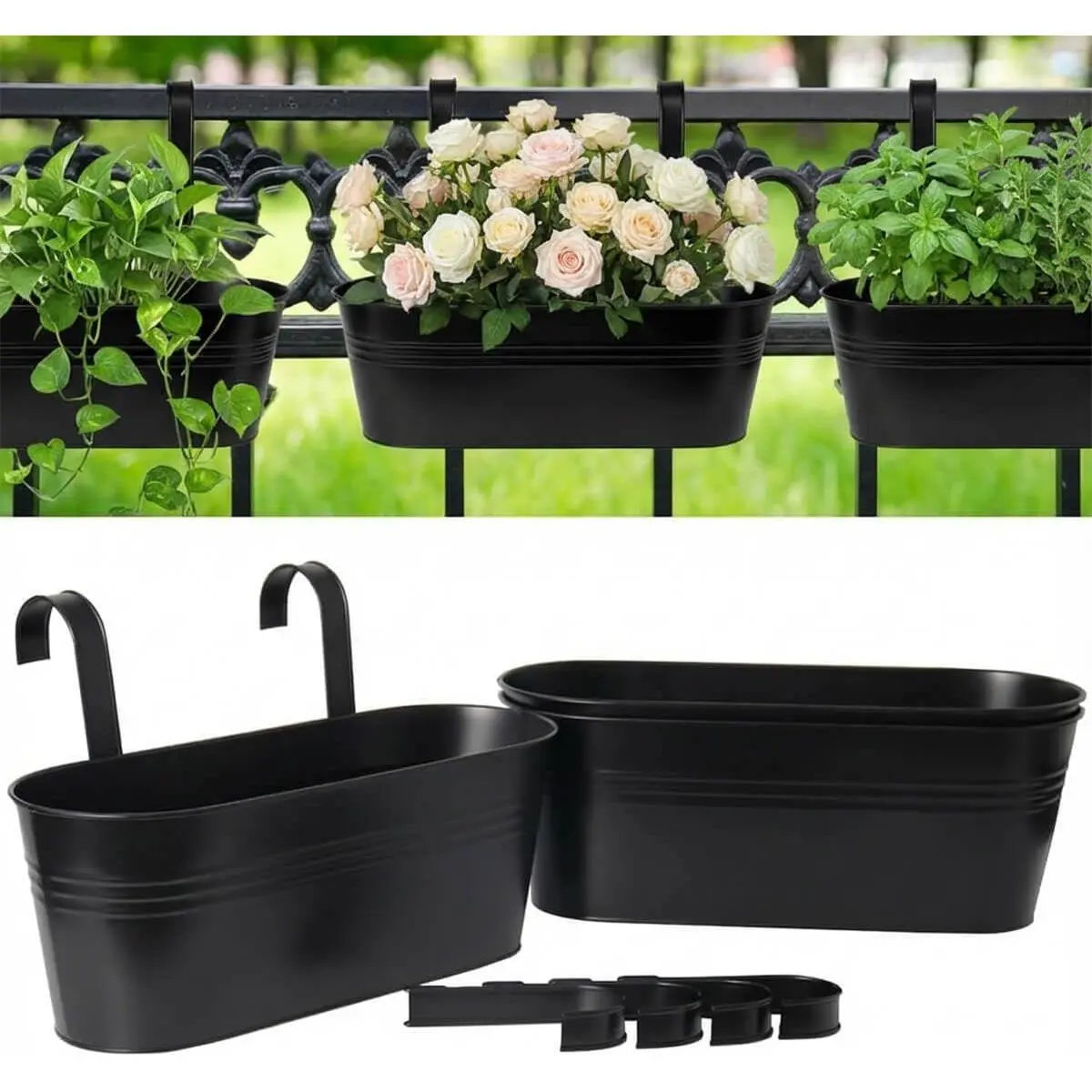 16 Inch Railing Planter for Outdoor Plants - 3 Pack Large Metal Balcony Hanging Planters with Detachable Hooks and Drain Holes Oval Box Rail Pots for Home Garden Fence, Black