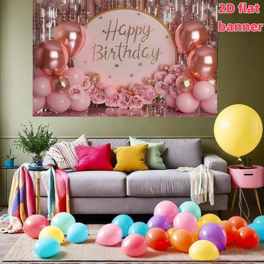 Pink birthday party backdrop banner with pink balloons and gift box elements. Made of polyester,suitable for living rooms, bedrooms, offices, birthdays, anniversaries, home décor, outdoor and indoor parties, photography backdrops, birthday party supplies