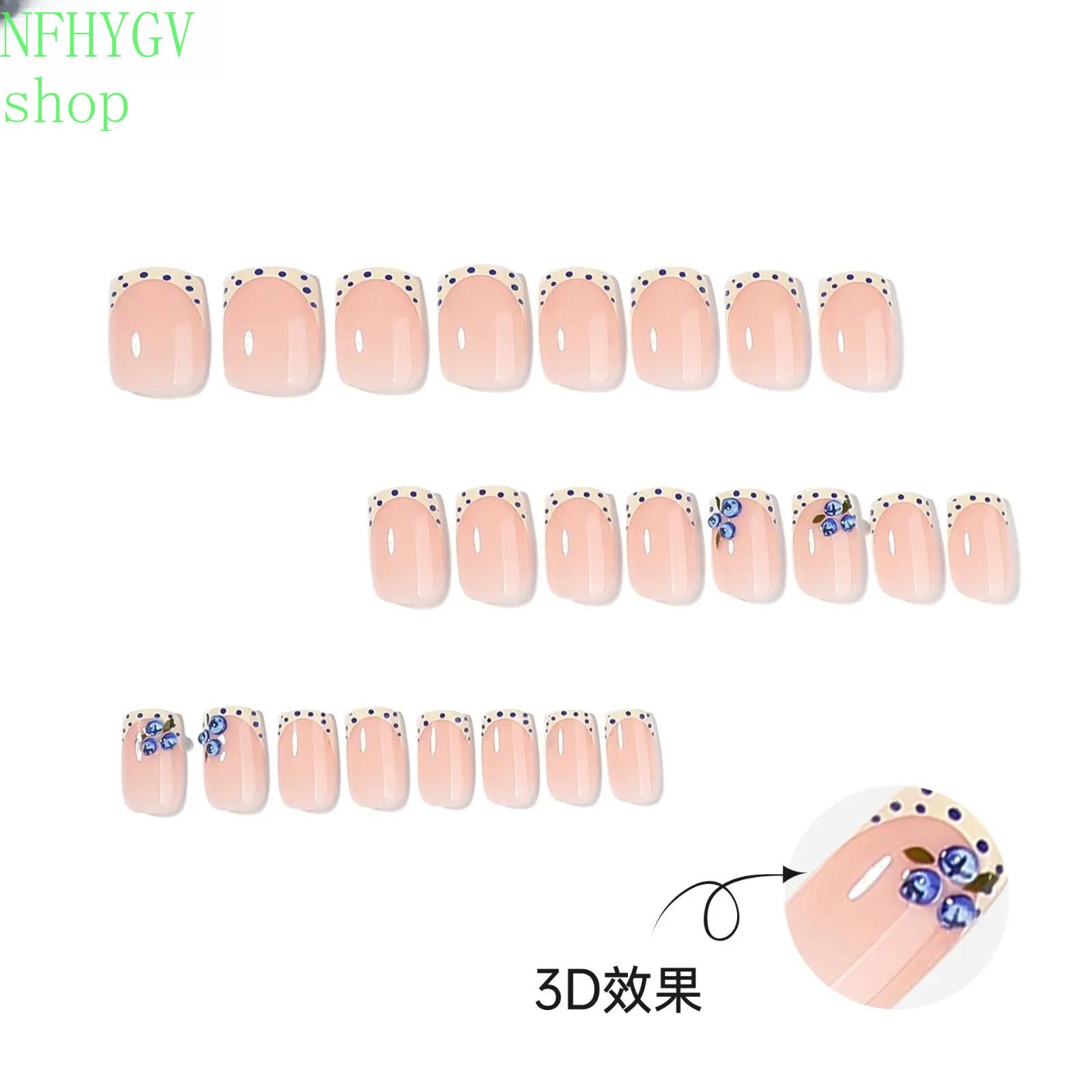 24‑Pcs Glossy Short Square Press‑On Nails, Nude Base With French Polka Dot, 3D Blue Flower And Rhinestone Details, Reusable Glue‑On Artificial Nails for Women’s Daily Wear And Back‑To‑School Styling