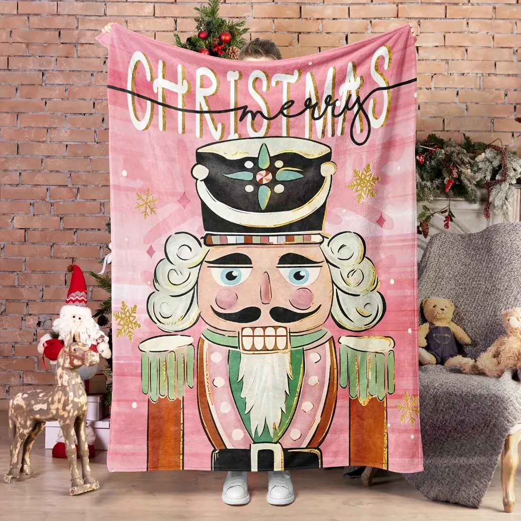 2D Printing - 2D Flat Map - Comfortable Pink Flannel Christmas Blanket, with Nutcracker And Snowflake Patterns - Soft And Warm, Ideal for Winter Holidays, Perfect for Sofa, Bedroom Decor And Gifts, Suitable as a gift sizes 60*80,30*40 ,40*50 50*60