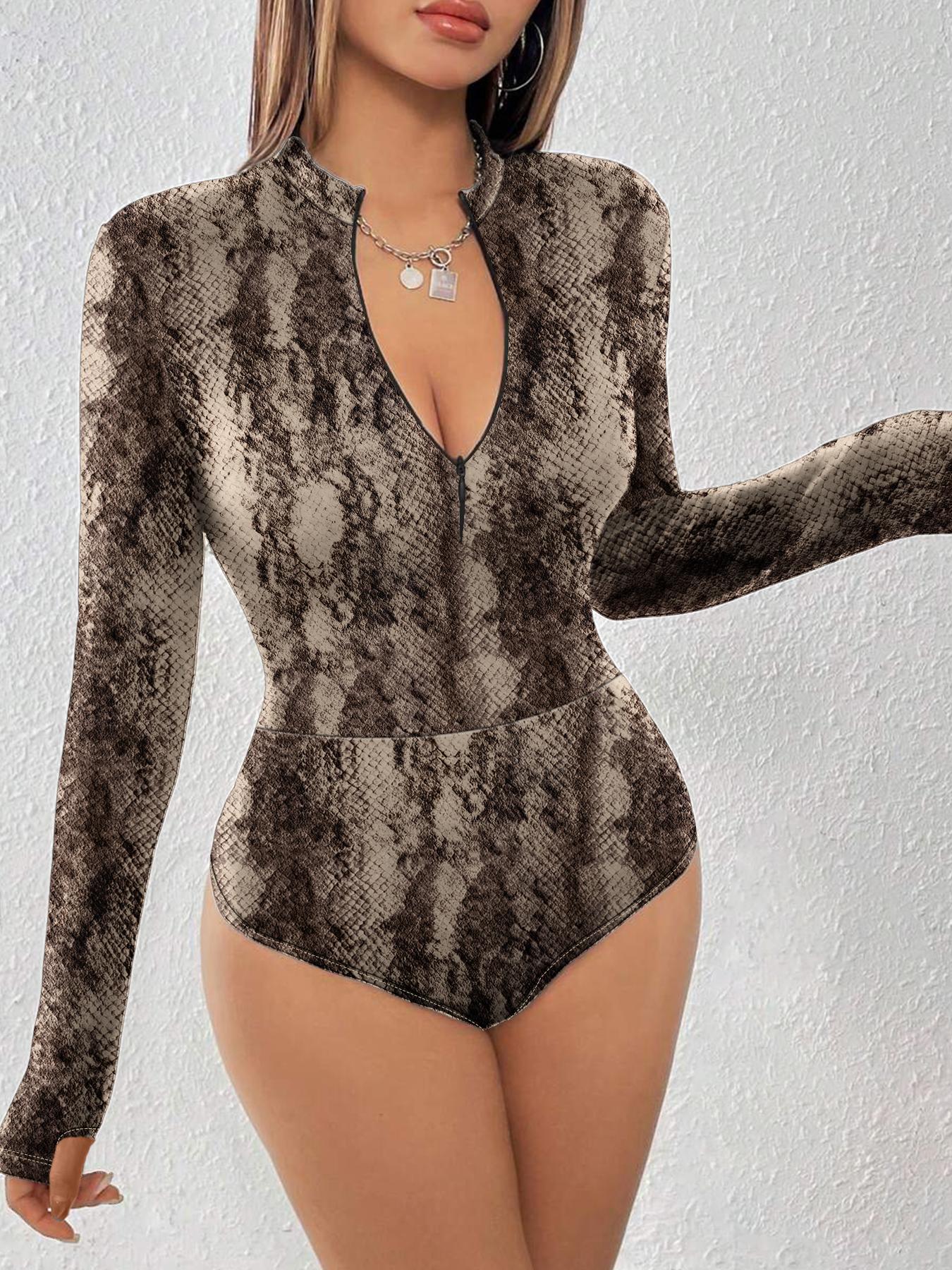 Women's Leopard Print Zipper Thumb Hole Design One-piece Bodysuit, Fashion Casual Long Sleeve Bodysuit for Daily Outdoor Wear, Women Clothes for Spring & Fall, Womenswear