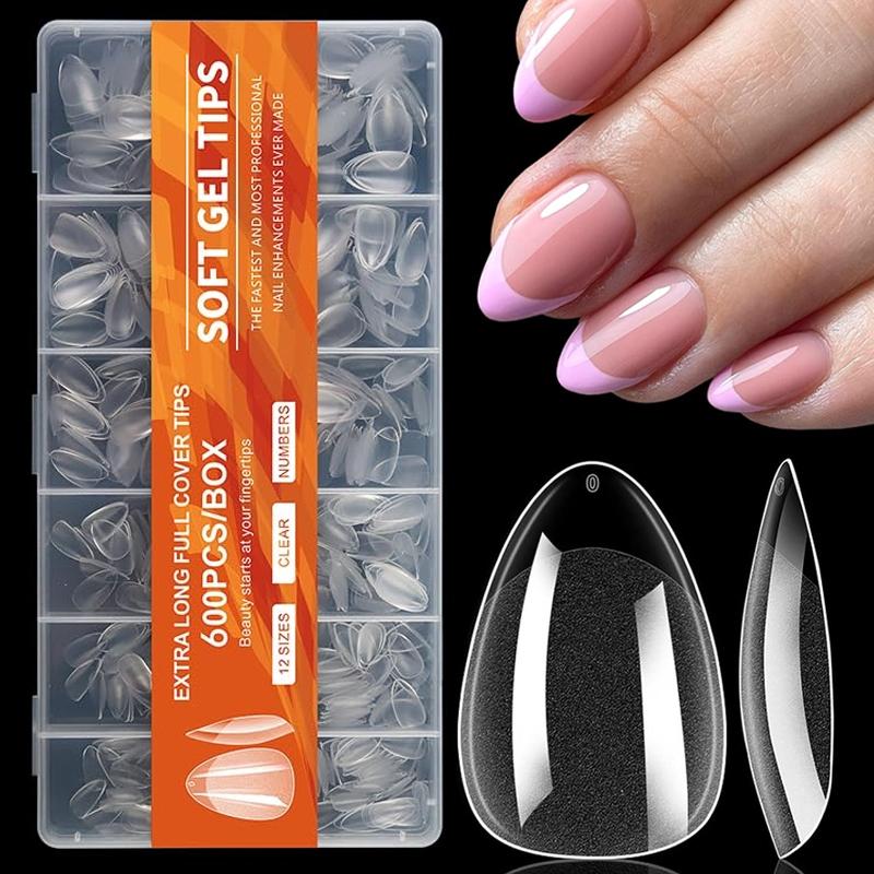 600Pcs Extra Short Almond Nail Tips, Upgraded Widened Nail Bed Half Matte No File False Full Cover Gel Nails Clear Natural Artificial Gelly Tips for Nail Extension Home DIY Salon 12 Sizes with Set for Extension Nail Manicure, Fake Nails Kit