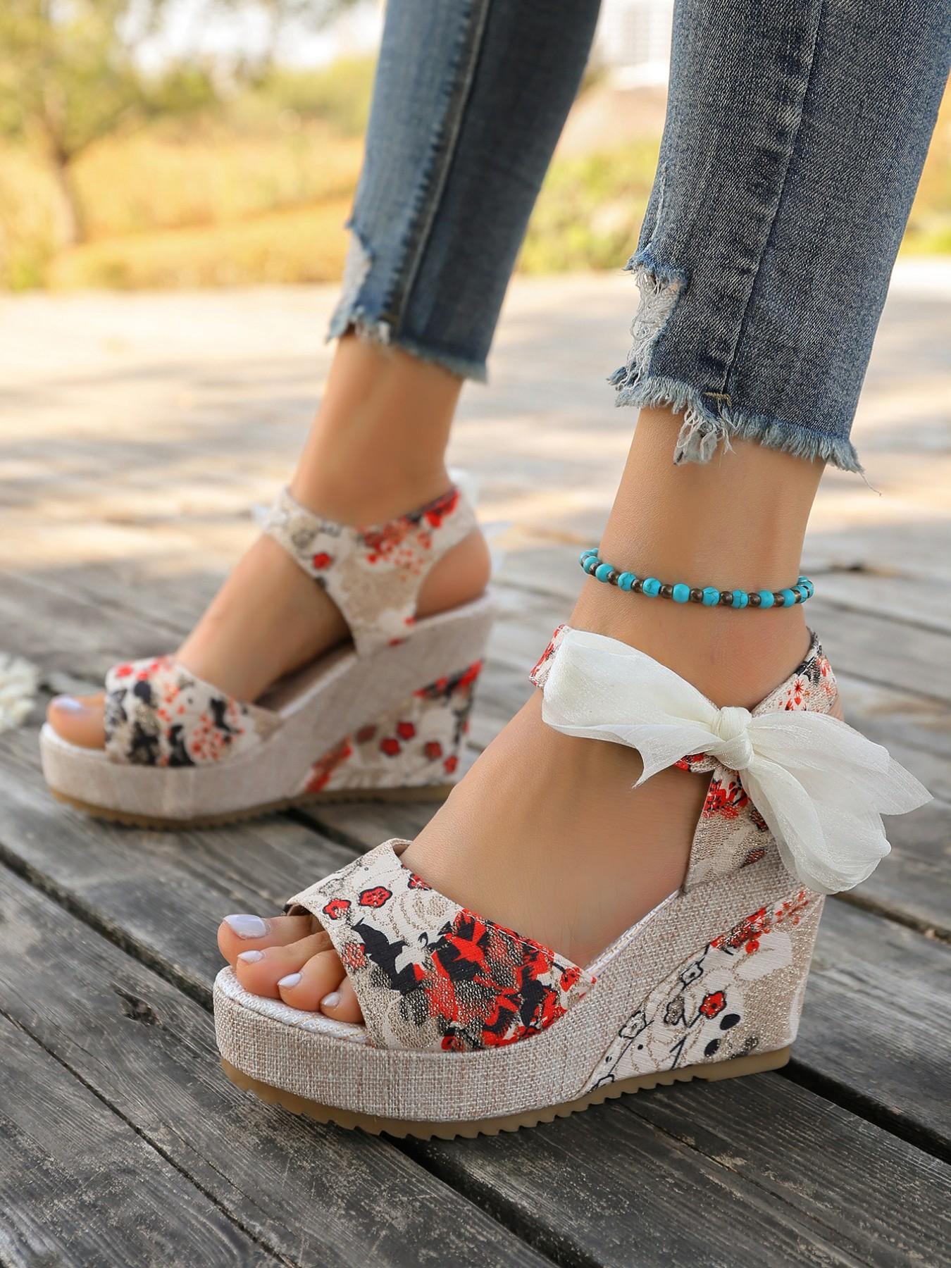 Women's Boho Floral Embroidery Organza Butterfly Heel Sandals, Thick Sole Heightening Open-Toe Strap Shoes, Ethnic Beach Vacation Casual Comfortable Outdoor Wear