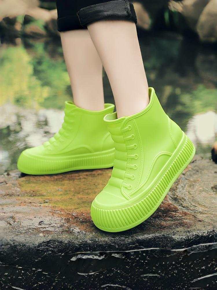 All-Around Vertical Deep Ridged Heighten Thick Sole Women High Top Rain Boots, Fluorescent Bright Green Matte Waterproof Rubber Shoes For Light Camping Lake Photo Trip Footwear