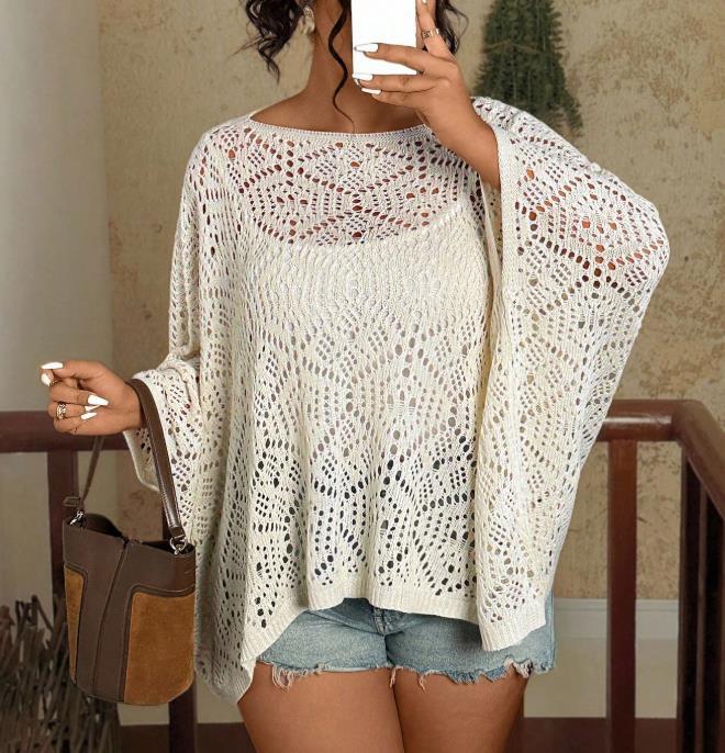 Plus Size Women's Summer Hollow Out Round Neck Knitting Top, Casual Elegant Vacation Style, Loose Baggy Oversized Batwing Shoulder, Short Sleeve Knitwear, Casual Fashion Knitwear, Fashion Knitwear Clothing Plus Size Women's Summer Hollow Out Round Neck Knitting Top, Casual Elegant Vacation Style, Loose Baggy Oversized Batwing Shoulder, Short Sleeve Knitwear, Casual Fashion Knitwear, Fashion Knitwear Clothing