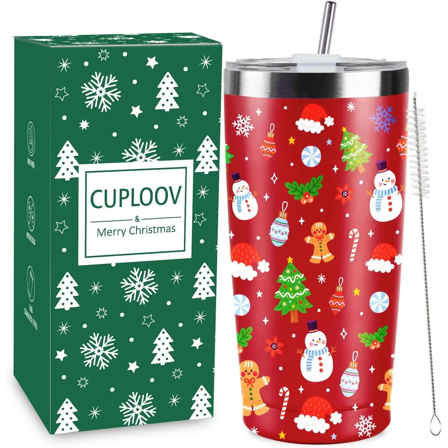 20 oz Red Stainless Steel Insulated Xmas Theme Coffee Tumbler with Insulated Lid and Straw, 2025 Christmas Gift for Women, Kitchen Linens-Themed Household Present