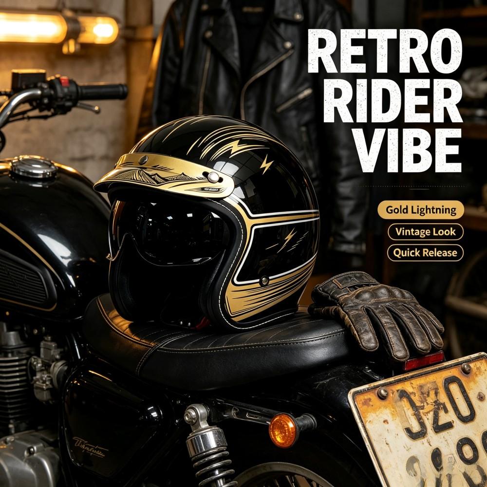 High-End Gold Retro Half Helmet, Carbon Fiber Texture Motorcycle Decorative Helmet, Stylish and Durable Design for Riders
