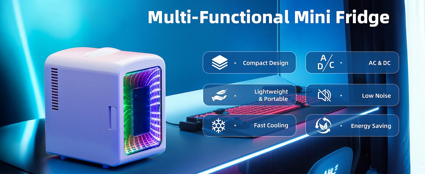 【TiktokShopSpringGlowUp】Antarctic Star Mini Compact Refrigerator with Gaming Light, 4L Capacity/6 Cans Portable Mini Fridge, for Bedroom,Car,Office and Dorm, Small Cooler for Cosmetics, Beverage and Food, White