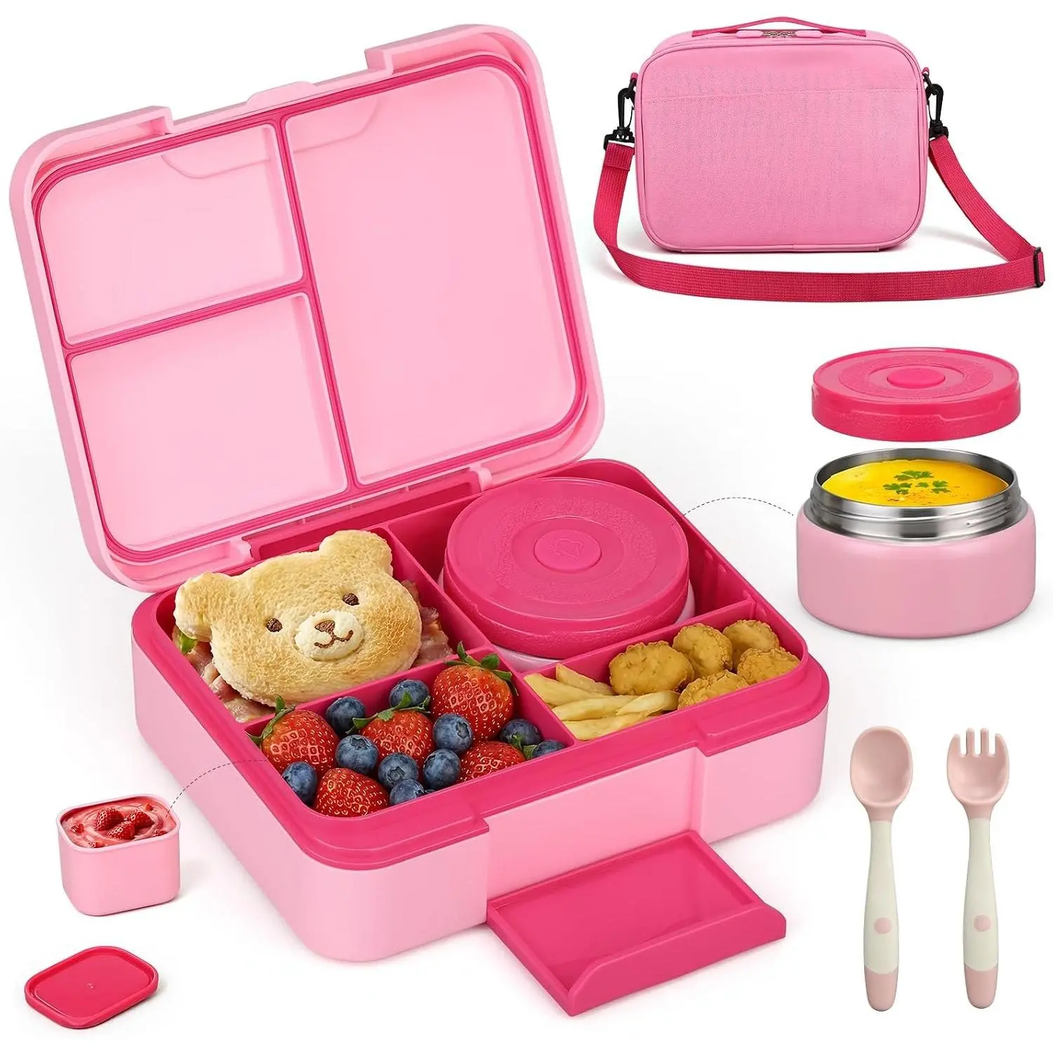 Bento Lunch Box Set with 9.5oz Soup Thermo, Leak-proof Food Container, Insulated Hot Food Jar and Bag for Kids Adults, School, PinkGift