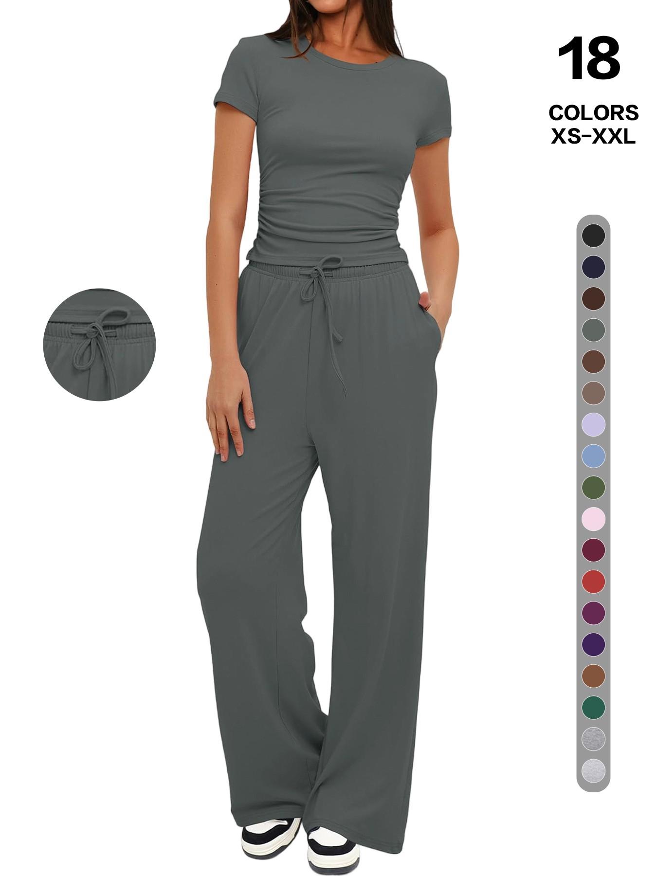 2026 Women's Solid Round Neck Short Tee and Pants, 2- or 6-Piece Set, Casual Comfy Elastic Pajama Set for Women, Cozy Loungewear for Daily Home Wear