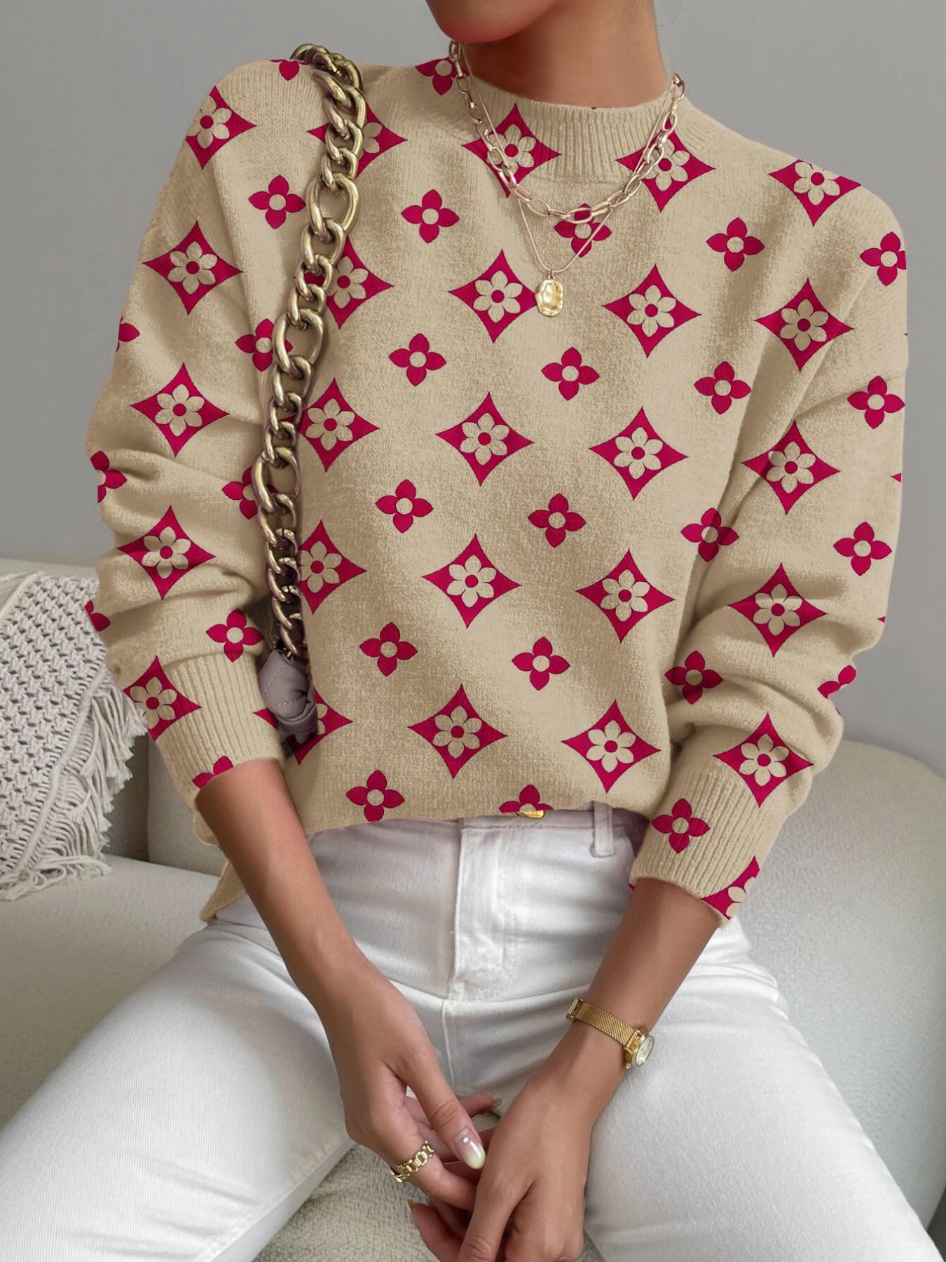Women's Geometric Pattern Mock Neck Fitted Sweater, Fall Winter Casual Long Sleeve Knitwear, Comfortable Warm Daily Wear Tops