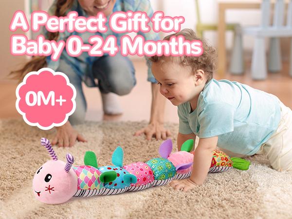 Newborn Baby Girl Gift Toys,Infant Tummy Time Toys,Musical Stuffed Animal with Multi-Sensory Crinkle, Rattle and Textures,Baby Boy Girl Gifts,Pink Cute Play