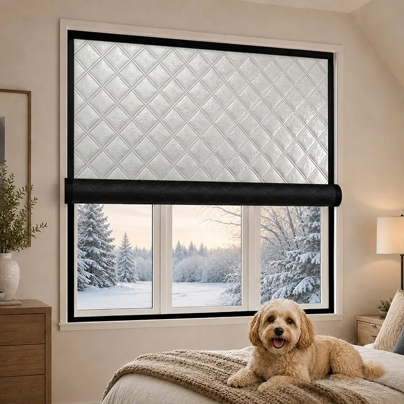 Winter Thermal Insulated Window Curtain, 3-Layer Quilted Reflective Aluminum Foil & Cotton Panel, Self-Adhesive Hook-and-Loop No-Drill Installation, Light-Blocking Draft Stopper for Bedroom