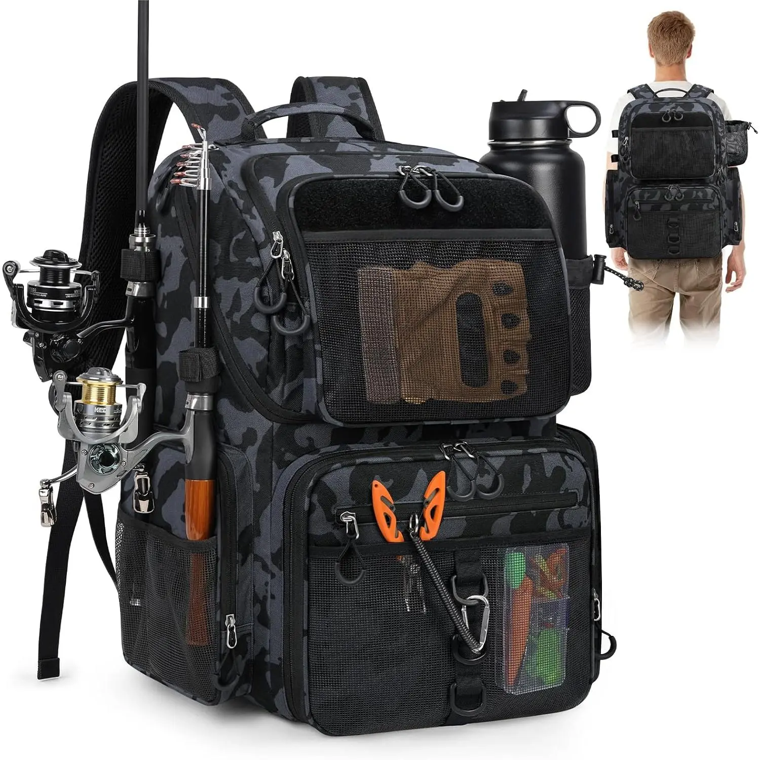 45L Fishing Backpack with Rod Holders & Rain Cover Large 900D Water-resistant Fishing Tackle Bag Store Fishing Gear