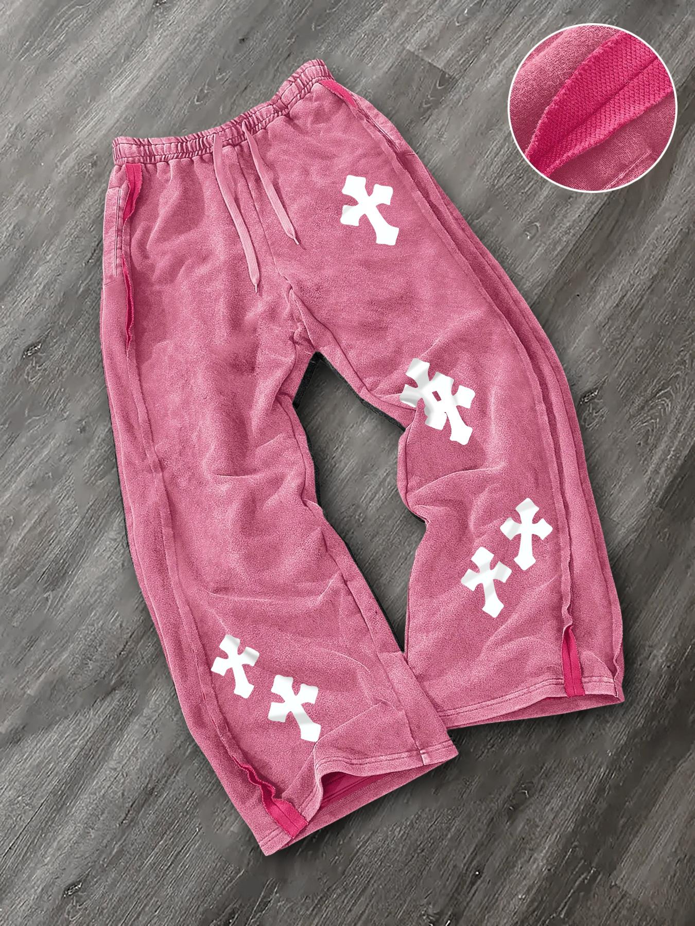 Men's Washed Cotton Straight Leg Long Pants, Cross Print, Casual Fashion, Comfortable Fit, Perfect for Daily Wear, Casual Lounge Pant