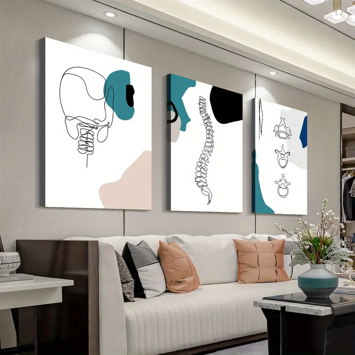 2D Flat Print Wrapped Canvas Print Set Of 3, Framed Orthopedic Blue Vertebra Canvas Art Designed For Spine Educational Purposes, These Artworks Are Equipped With Wooden Frames