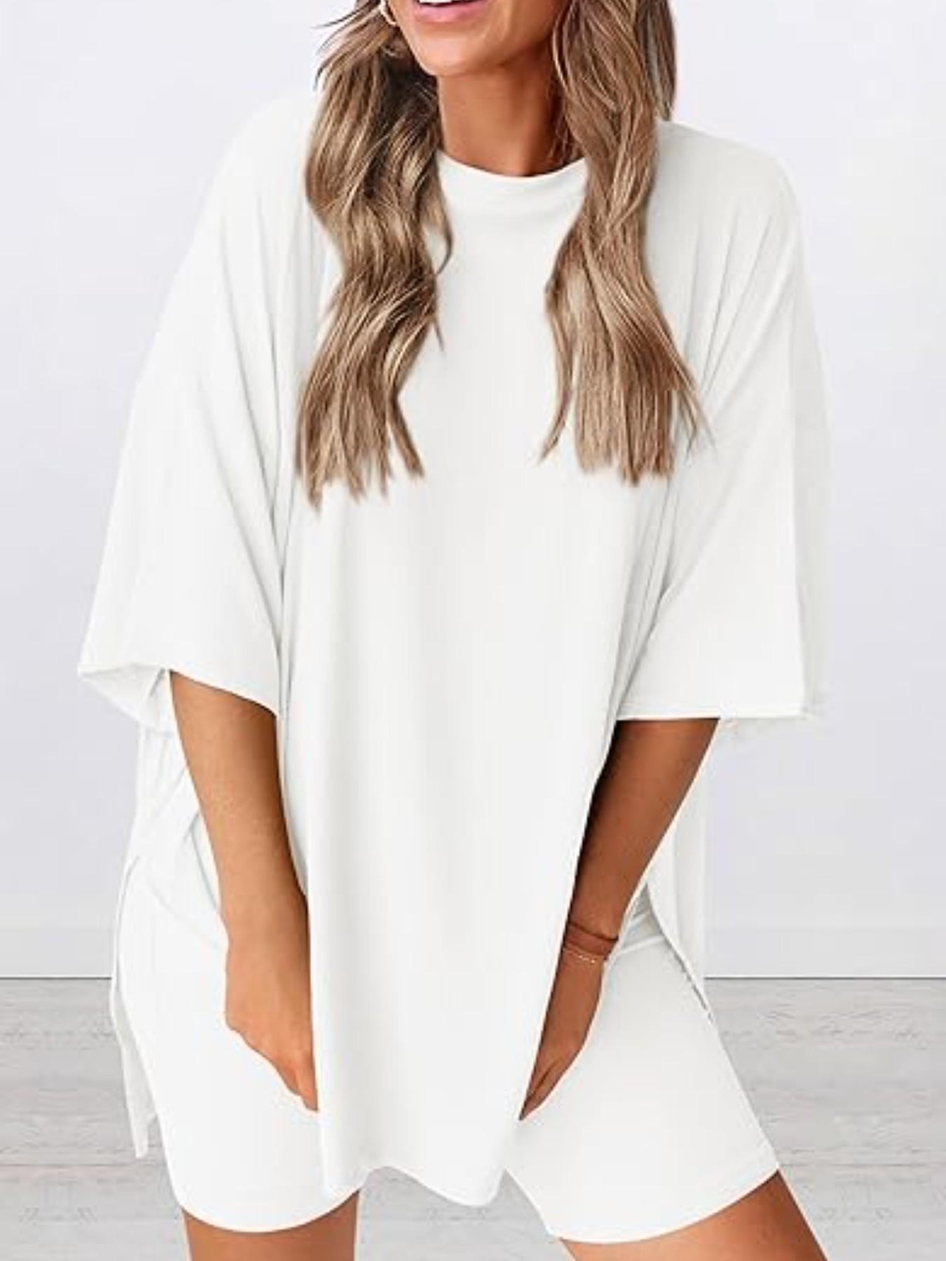 Women's Solid Color T-Shirt and Tight Shorts Set, Casual Summer Comfort Round Neck Sleepwear, Pocket Design, Outdoor Wear Women's Solid Color T-Shirt and Tight Shorts Set, Casual Summer Comfort Round Neck Sleepwear, Pocket Design, Outdoor Wear