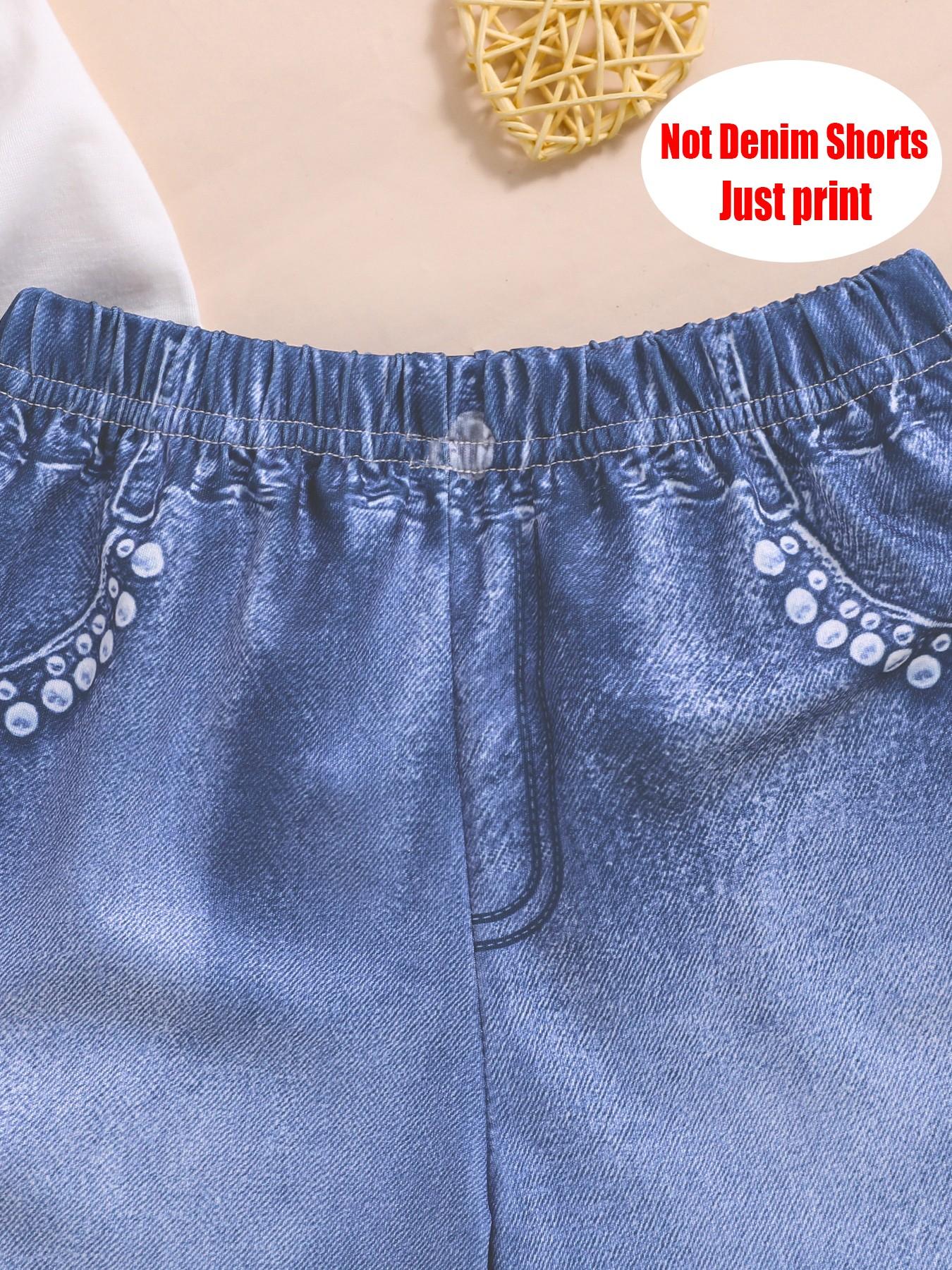 Fashion Two-Piece Set for Girls, Ballerina Cappuccina Print T-Shirt + Denim Shorts, Summer for Kids, Casual Slim Fit Suit