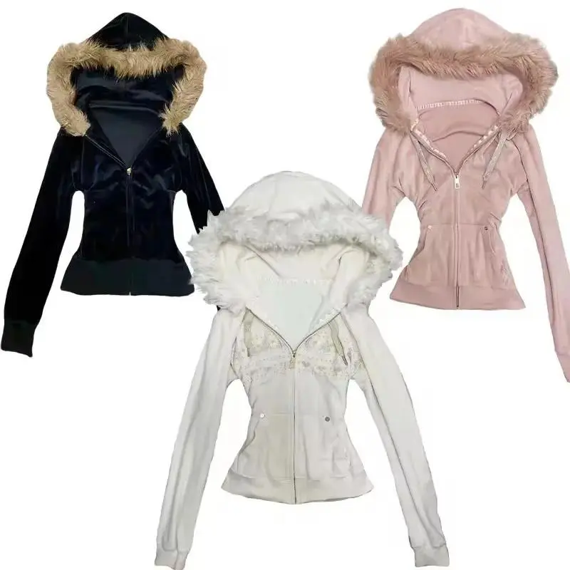 Hoodie Coat Women Punk Hooded Sweatshirt Fur Collar Jacket Zipper Pockets Female Streetwear Vintage Outerwear Spring 2026