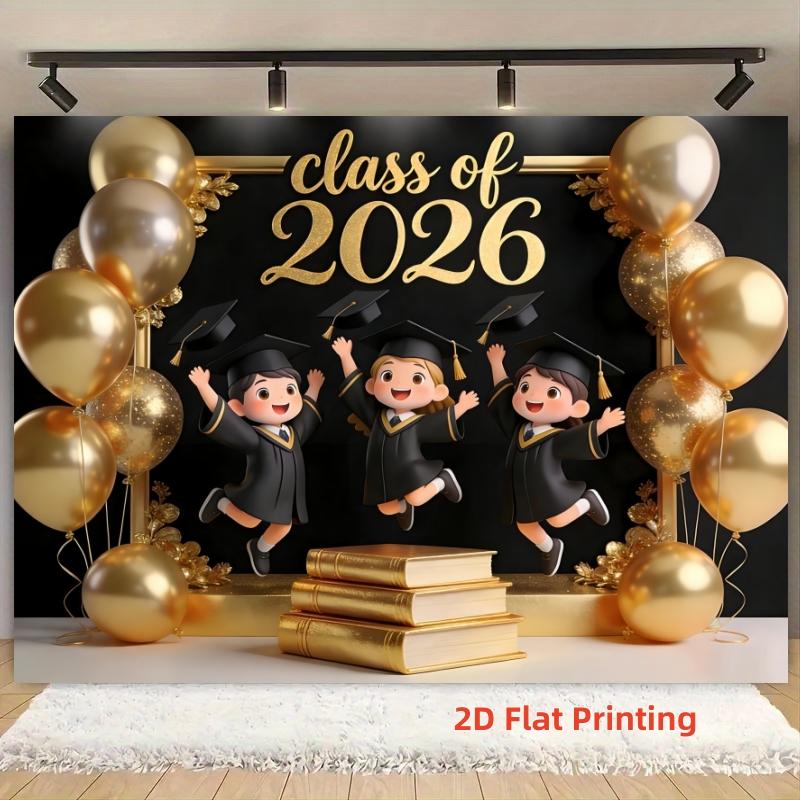 1-pack polyester fiber 2D flat printing 2026 graduation theme background cloth banner + door curtain three-piece set black gold balloon book design suitable for graduation parties, graduation ceremonies, studio shooting, classroom wall decoration