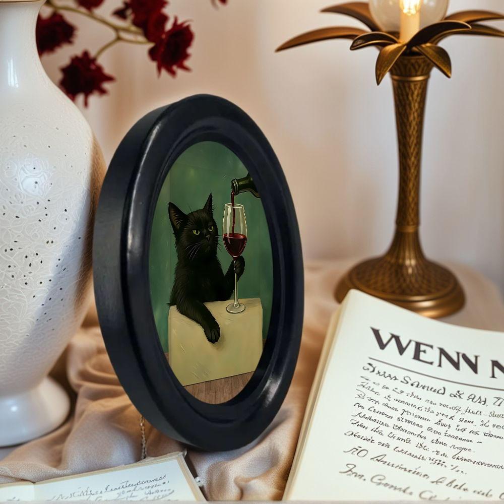 Whimsical Framed Cat Wall Decor with Wine, Unique Mini Wooden Hanging Art, Perfect Gift for Cat Lovers & Kitchen Decor