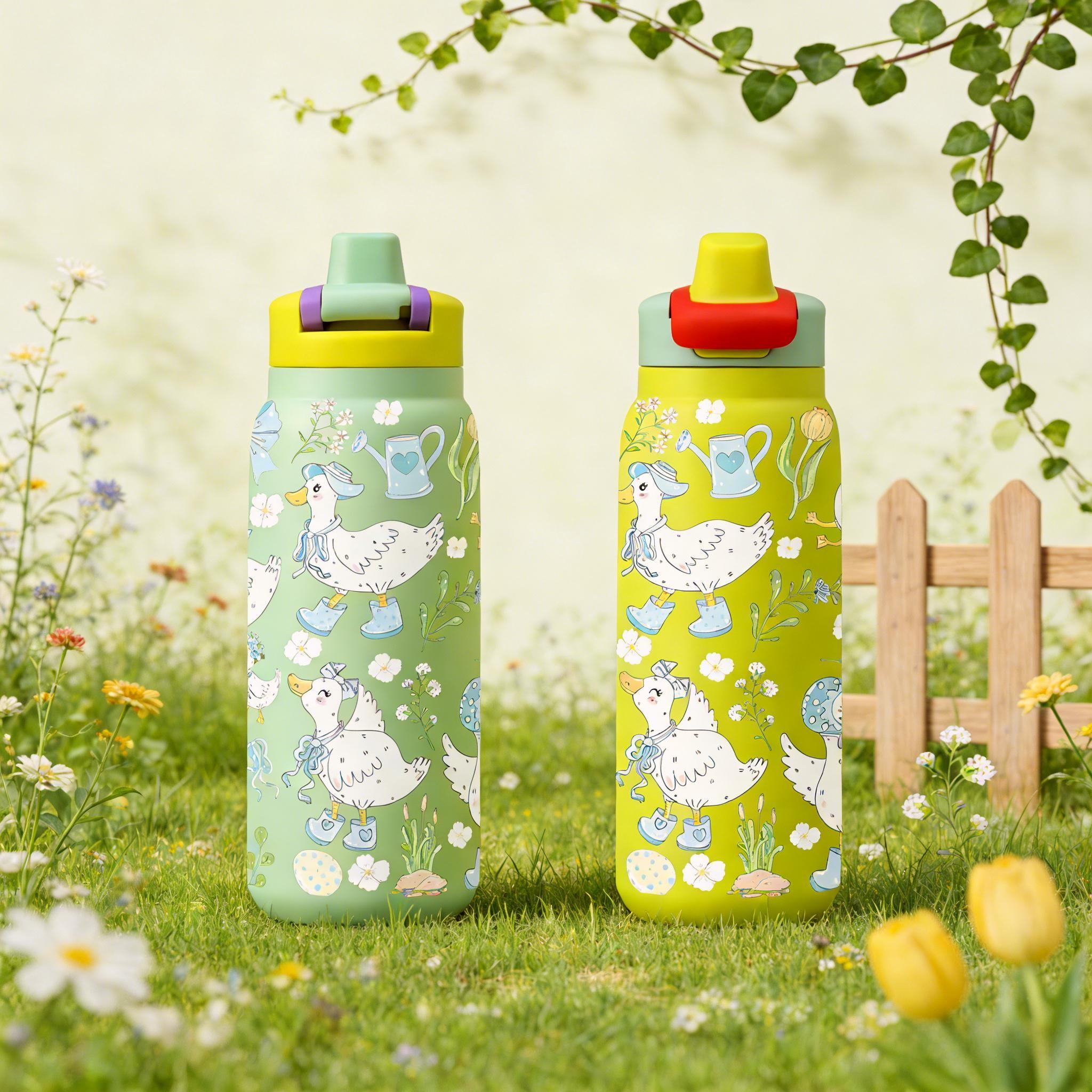 1Pc 19/24/32oz Duck and Flower Print Insulated Mug, Cute Pastel Vacuum Cup Thermo Tumbler with Lid and Straw, Keeps Hot 12H/Cold 24H, Ideal Travel Tumbler for Spring, Picnic, or Office, Adorable Gift for Girlfriend, Nature Lovers