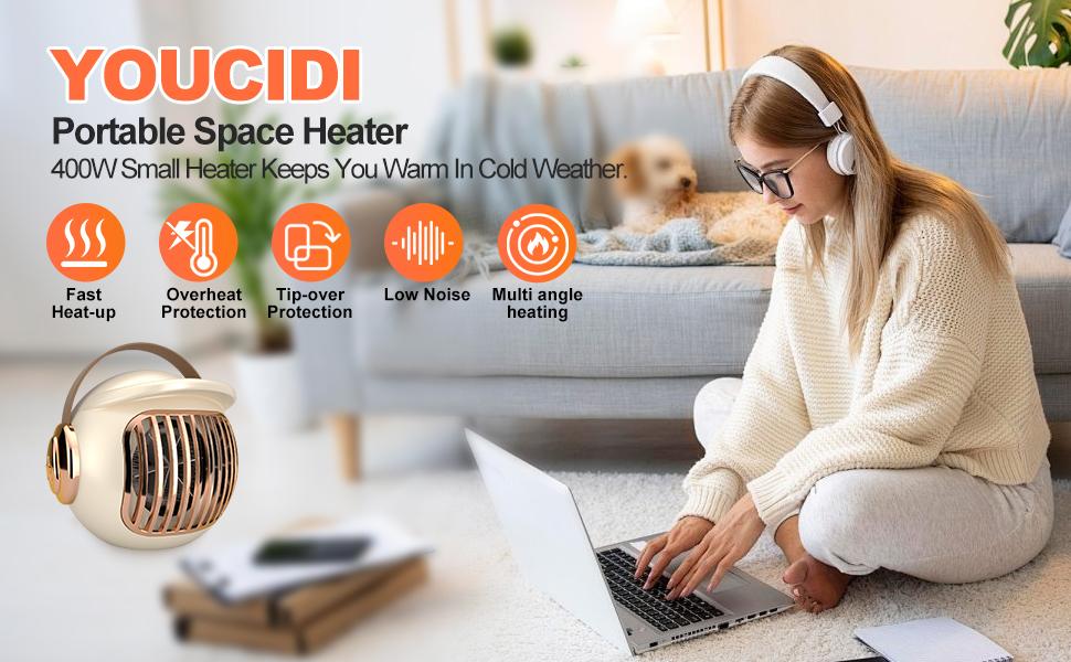 Space Heater, Portable Heater for Office Desk, 400W Mini Tent Warmer for Camping (Indoor Use), With Tip-Over Protection, Lightweight White