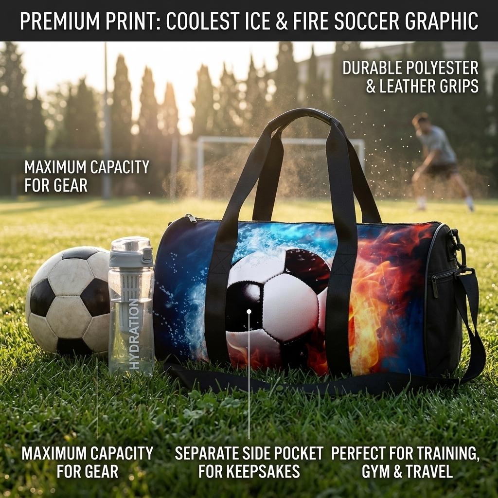 Portable Soccer Print Travel Duffel Bag Lightweight Outdoor Sports Crossbody Pack Foldable Design Large Capacity Storage For Gym Training Camping Hiking And Daily Travel Water Resistant Fabric Easy To Carry And Store Ideal For Athletes On The Go