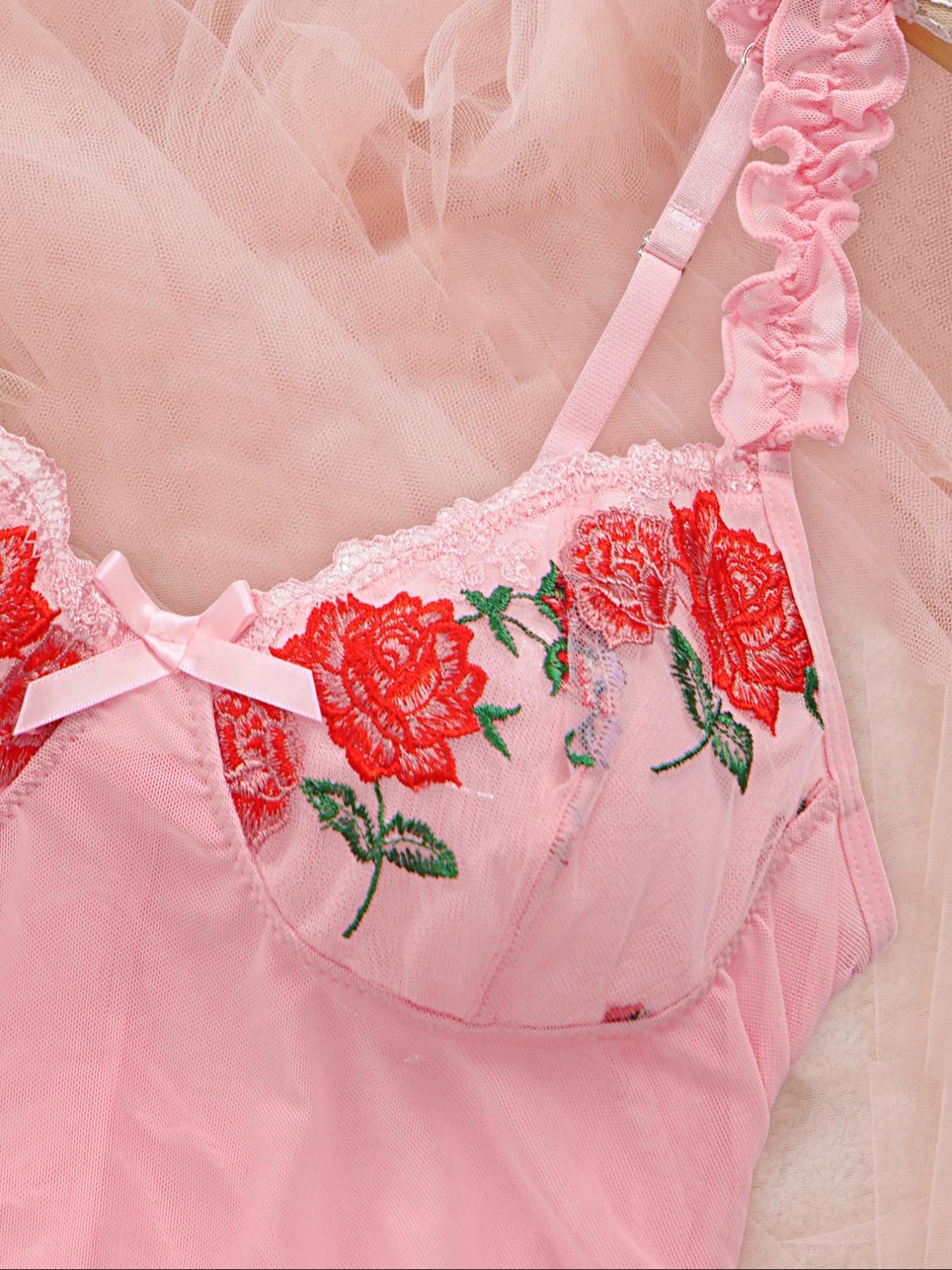 Women's 2-Piece Candy Color Rose Embroidered Sleepwear Set, Soft Comfortable High Stretch Home Strapless Nightgown, Elegant All-Season Pajamas