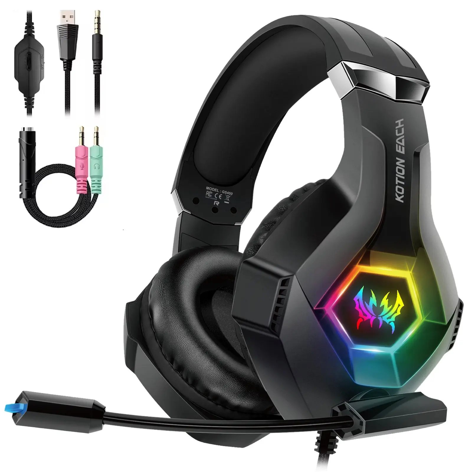 Wired RGB Gaming Headset, 40mm Driver Unit, Over-Ear, Noise-Canceling, Omnidirectional Mic, 3.5mm + USB, Ideal for PC, Ps4, Ps5, Xbox