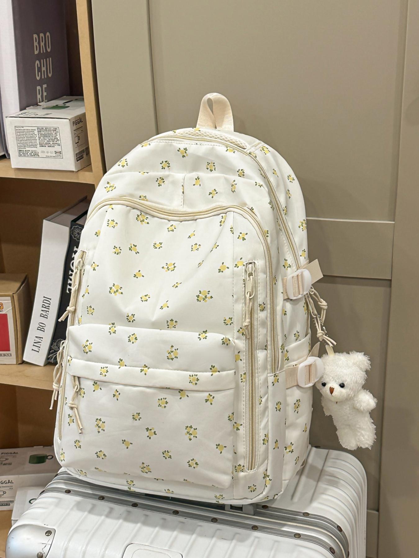 1pc  Women's casual printed backpack with large capacity, zipper closure, and free pendant. Fashionable, versatile, cute, and trendy. Suitable for students going to school, campus, commuting, and traveling. Women's backpack