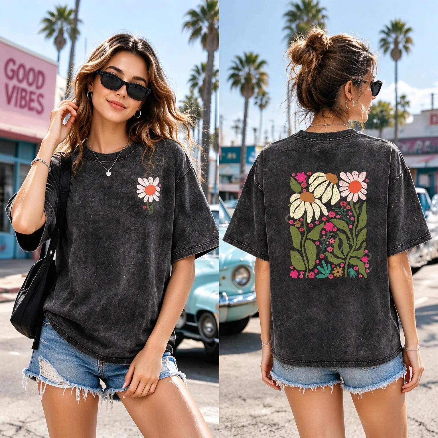 100% Cotton Women’s Floral Graphic T-Shirt, Vintage Washed Oversized Daisy Tee, Double-Sided Flower Print Shirt, Y2K Streetwear Summer OOTD Top, Casual Soft Crewneck