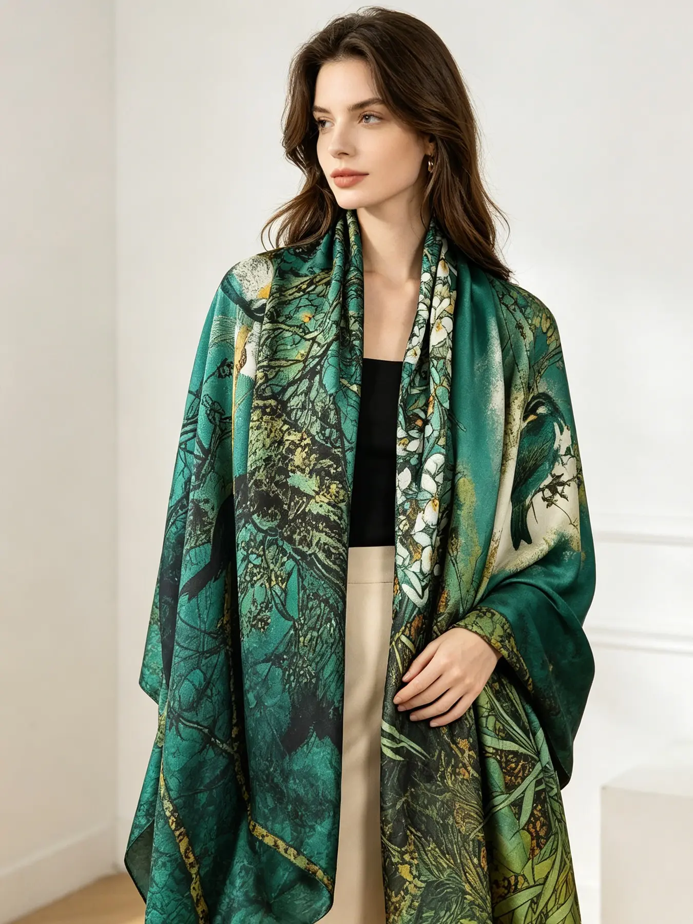 Luxury Silky Shiny Nature Forest Bird Large Scarf, All-Season Emerald Botanical Accessory, Casual Style for Ootd