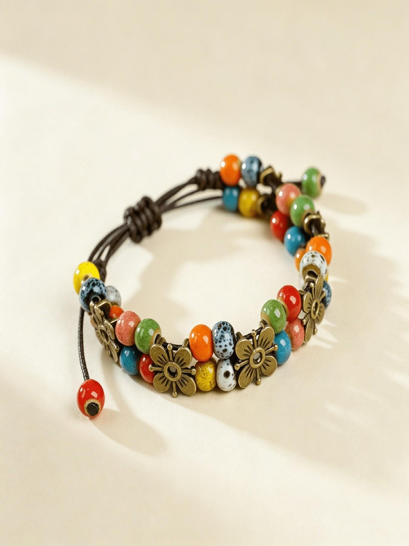 Bohemian Style Colorful Floral Beaded Women's Bracelet, Handmade Adjustable Bohemian Charm Bracelet, Vintage Fashion Jewelry, Random Color Beads