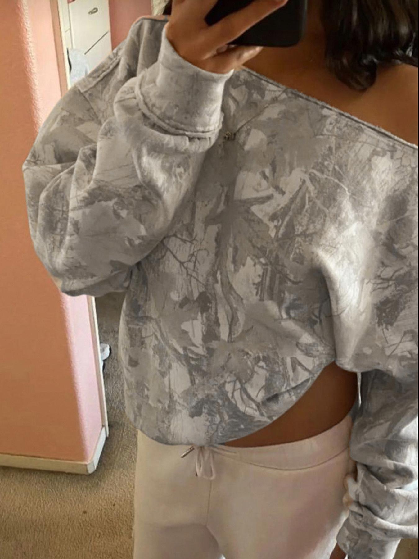 Women's Camo Print Off-shoulder Casual Loose Pullover Sweatshirt, Long Sleeve Drop Shoulder Design, Perfect for Spring & Fall Fashion, Womenswear