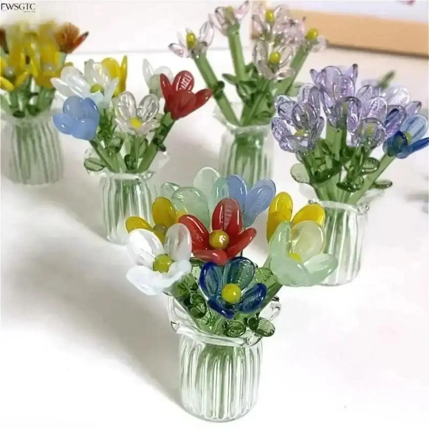 1‑Set Handcrafted Mini Glass Artificial Flower Bouquet, 7‑Piece Faux Flowers with Matching Vase, DIY Arrangement Decorative Ornaments, Elegant Faux Floral Set for Gifting, Table Styling & Special Event Decor