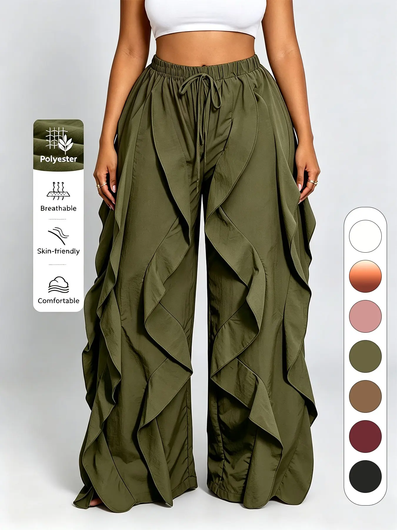 Plus Size Drawstring Elastic Waist Ruffle Side Wide Leg Pants, Lightweight Flowy Irregular Boho Trousers, Curvy & Hip Concealing, Perfect for Beach Vacation, Summer Outfits, Street Shot Looks, Girls Shopping, Seaside Trips, Holiday Photos, Loungewear