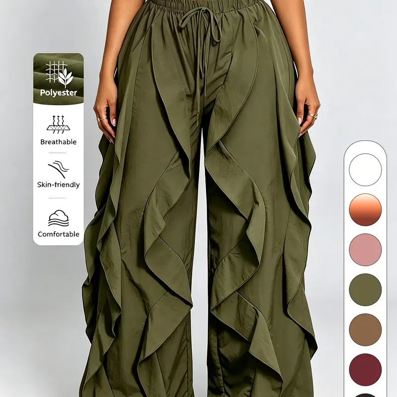 Plus Size High Waist Drawstring Ruffle‑Side Wide Leg Pants, Skin‑friendly Draped Fabric, Chic, Slim & Figure‑hiding, Loose Comfort Fit, Fall Winter Layering, Daily Commute, Street Shoot, Holiday Gathering