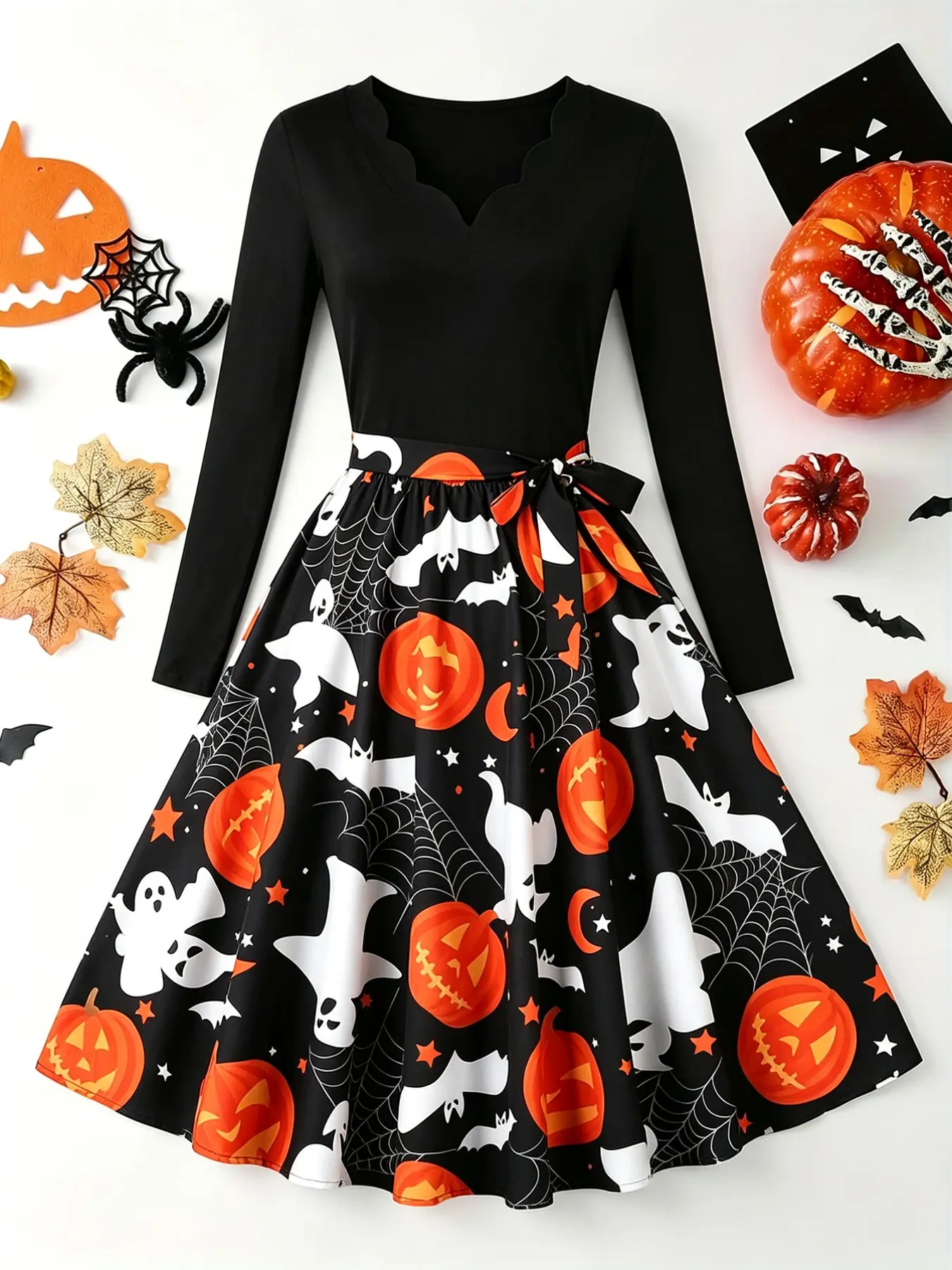 Halloween Retro Patchwork Dress, Lace V Neck Long Sleeve, Ghost Pumpkin Bat Print, a Line Midi Festival Women's Clothing