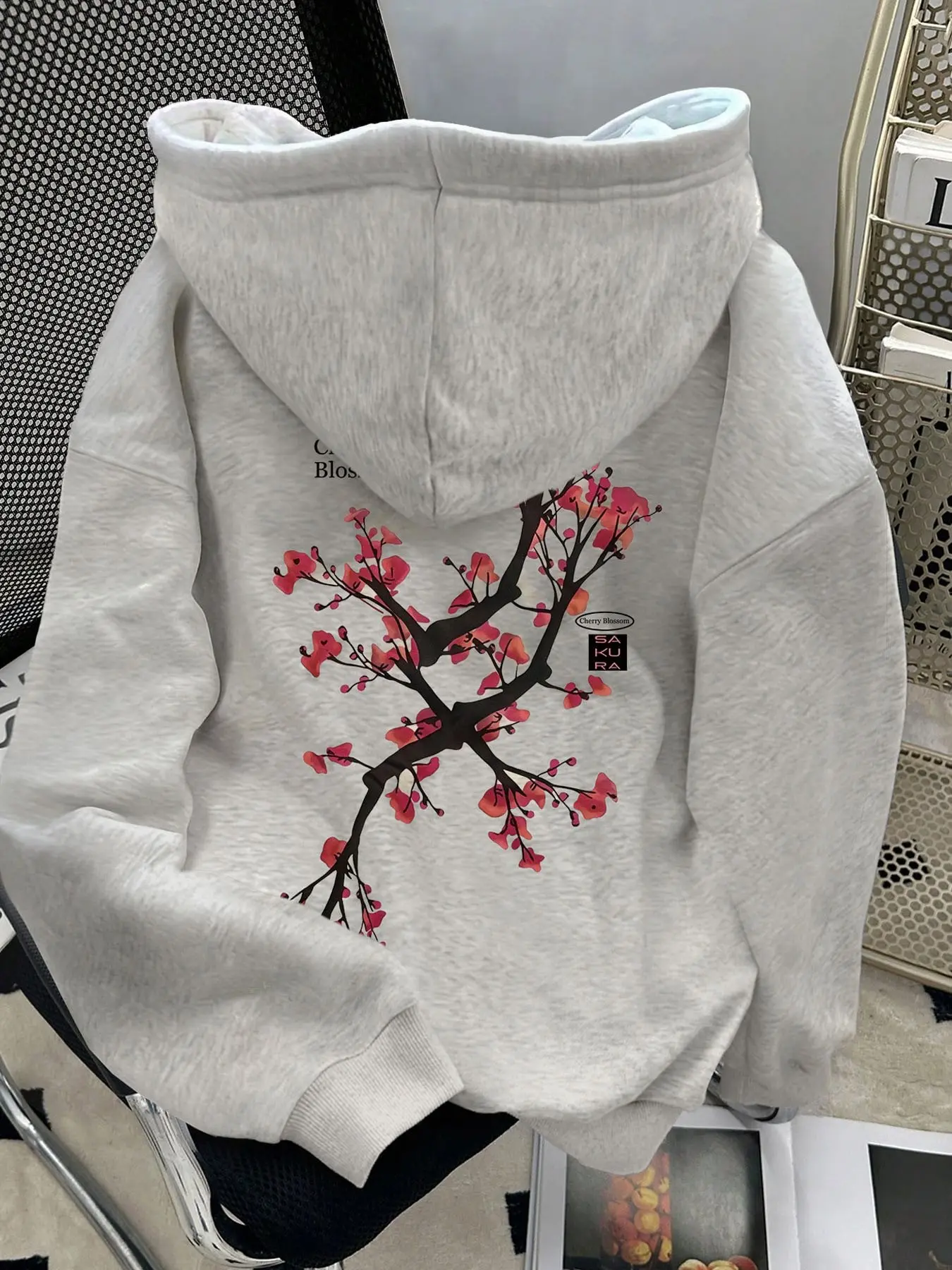 Women's Oversized Gray Hoodie, Long Sleeve, Aesthetic Sakura Print, Loose Casual Fit, Soft Comfy Pullover, Sweatshirts for Fall & Winter Daily Wear