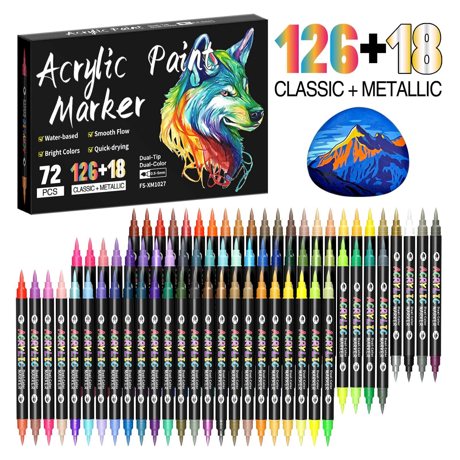 24/48/72/144/240 Colors Acrylic Paint Markers, Dual tips Dual Color Acrylic Paint Pens for Rock Painting, Canvas, Wood, Glass, Ceramic, Fabric, Plastic, Egg & Scrapbook. Soft Brush Tips Paint Pens and Paint Markers Art Materials